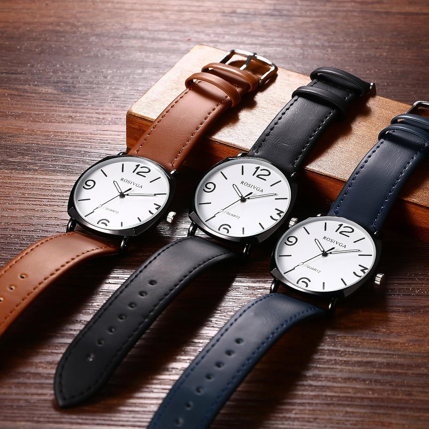 Men'S Leather Strap Watches: Easy Reader Big Face Analog Quartz Large Dial Wrist Watches