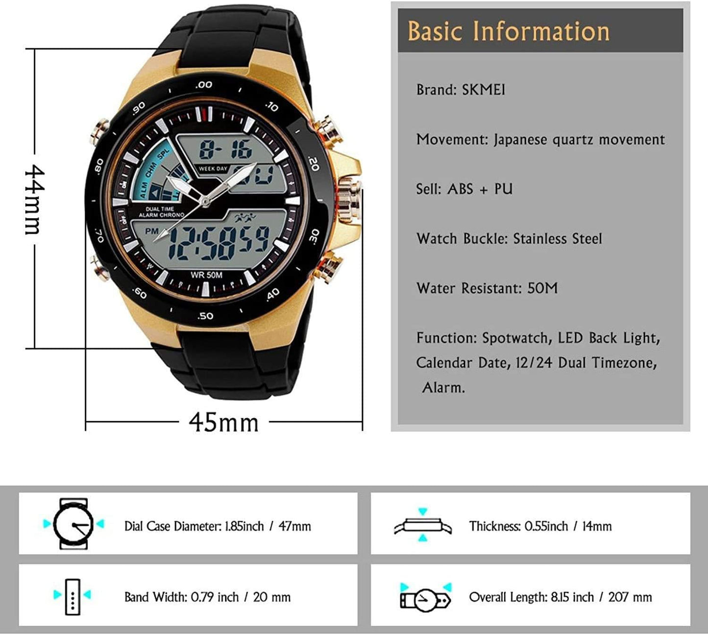 Men'S Digital Watch 50M Waterproof Large Dual Dial Multifunction Analog Military Outdoor Sports Electronic Watch Calendar Day Date CH031