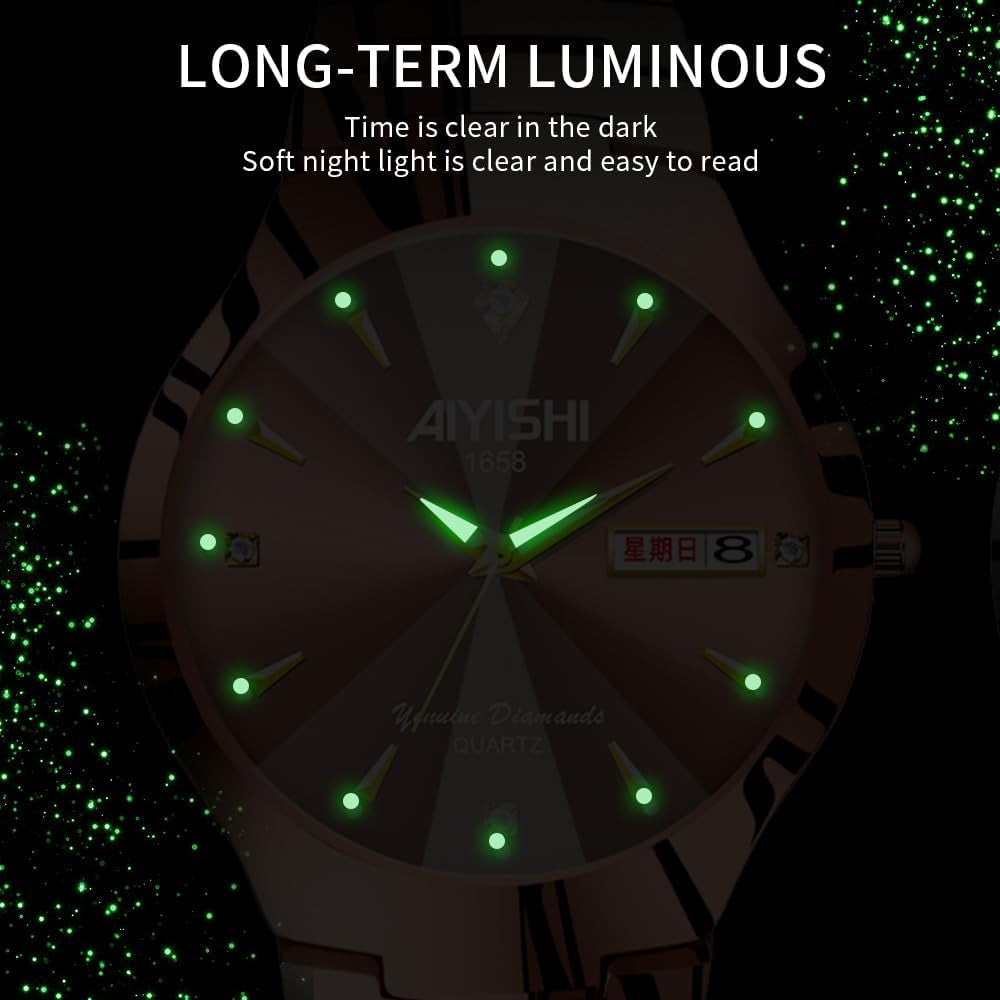 Watches for Men with Date Luxury Diamond Waterproof Mens Wristwatch Analog Dress Stainless Steel Man Watch Luminous Rose Gold