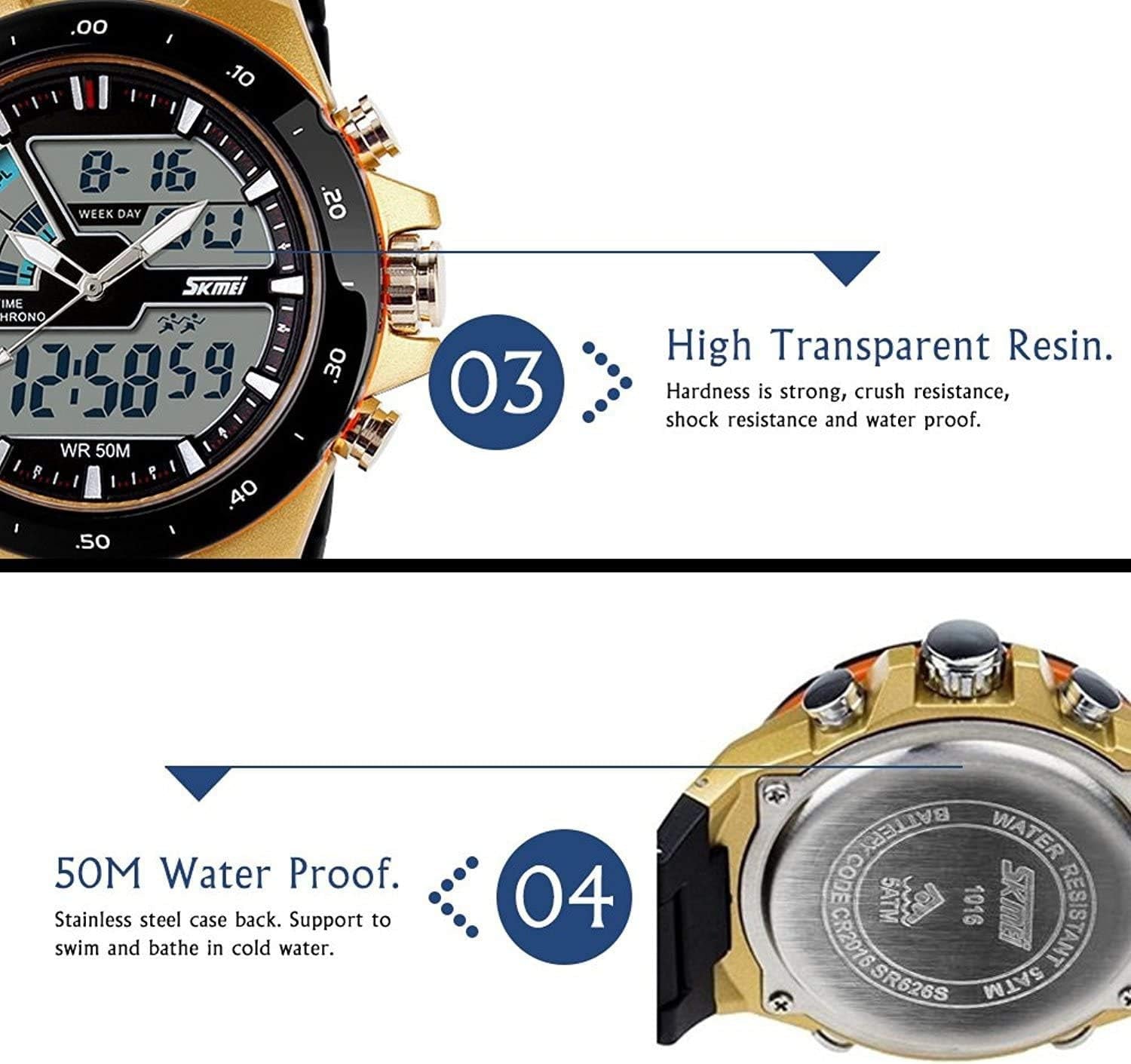 Men'S Digital Watch 50M Waterproof Large Dual Dial Multifunction Analog Military Outdoor Sports Electronic Watch Calendar Day Date CH031