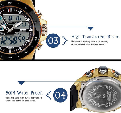 Men'S Digital Watch 50M Waterproof Large Dual Dial Multifunction Analog Military Outdoor Sports Electronic Watch Calendar Day Date CH031