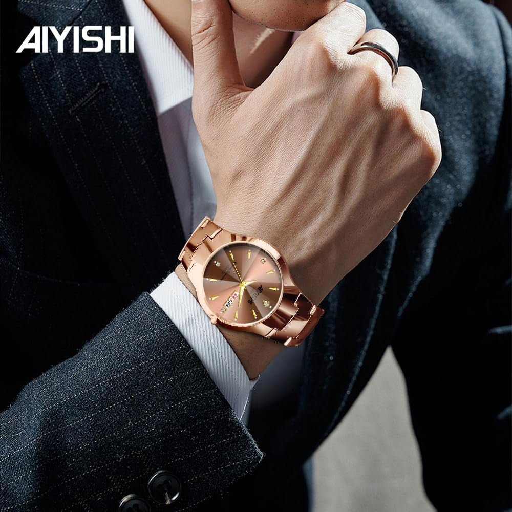 Watches for Men with Date Luxury Diamond Waterproof Mens Wristwatch Analog Dress Stainless Steel Man Watch Luminous Rose Gold