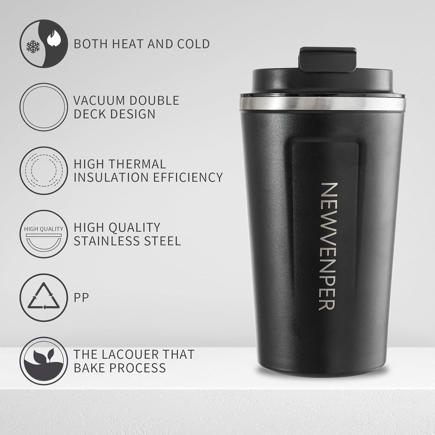 Stainless Steel Vacuum Insulated Travel Coffee Mug, Led Temperature Display Insulated Tumbler, Leak Proof with Lid Keeps Cold and Warm, Suitable for Coffee, Tea and Beer (Black)