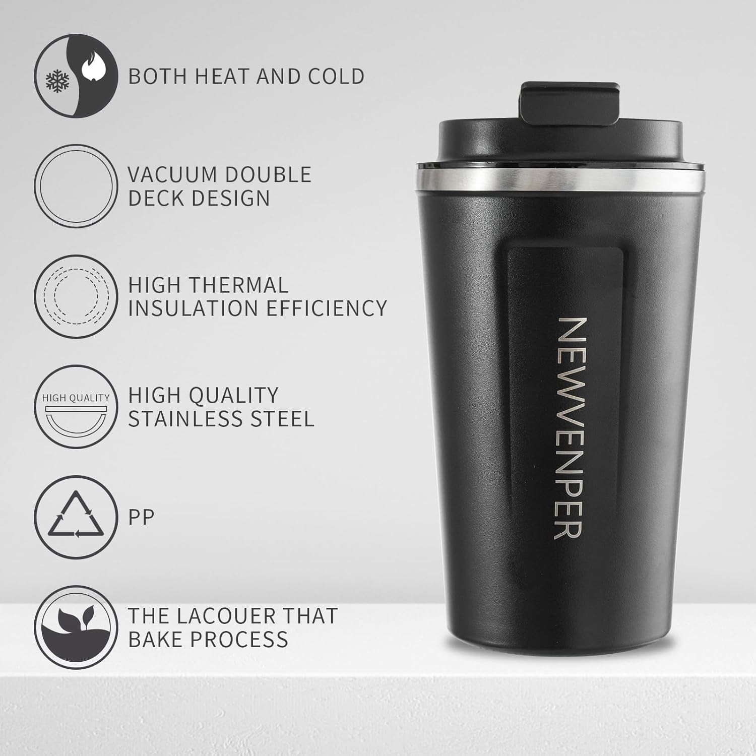 Stainless Steel Vacuum Insulated Travel Coffee Mug, Led Temperature Display Insulated Tumbler, Leak Proof with Lid Keeps Cold and Warm, Suitable for Coffee, Tea and Beer (Black)