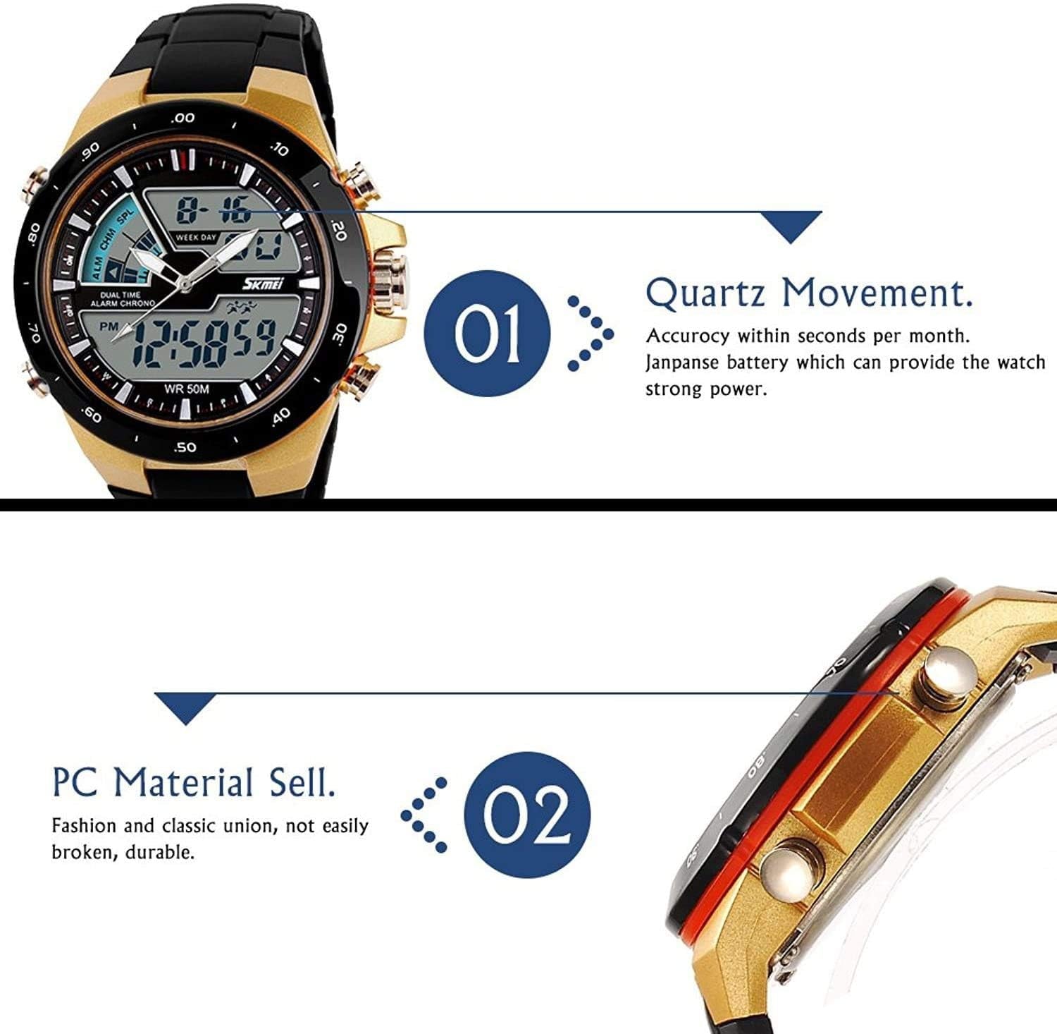 Men'S Digital Watch 50M Waterproof Large Dual Dial Multifunction Analog Military Outdoor Sports Electronic Watch Calendar Day Date CH031