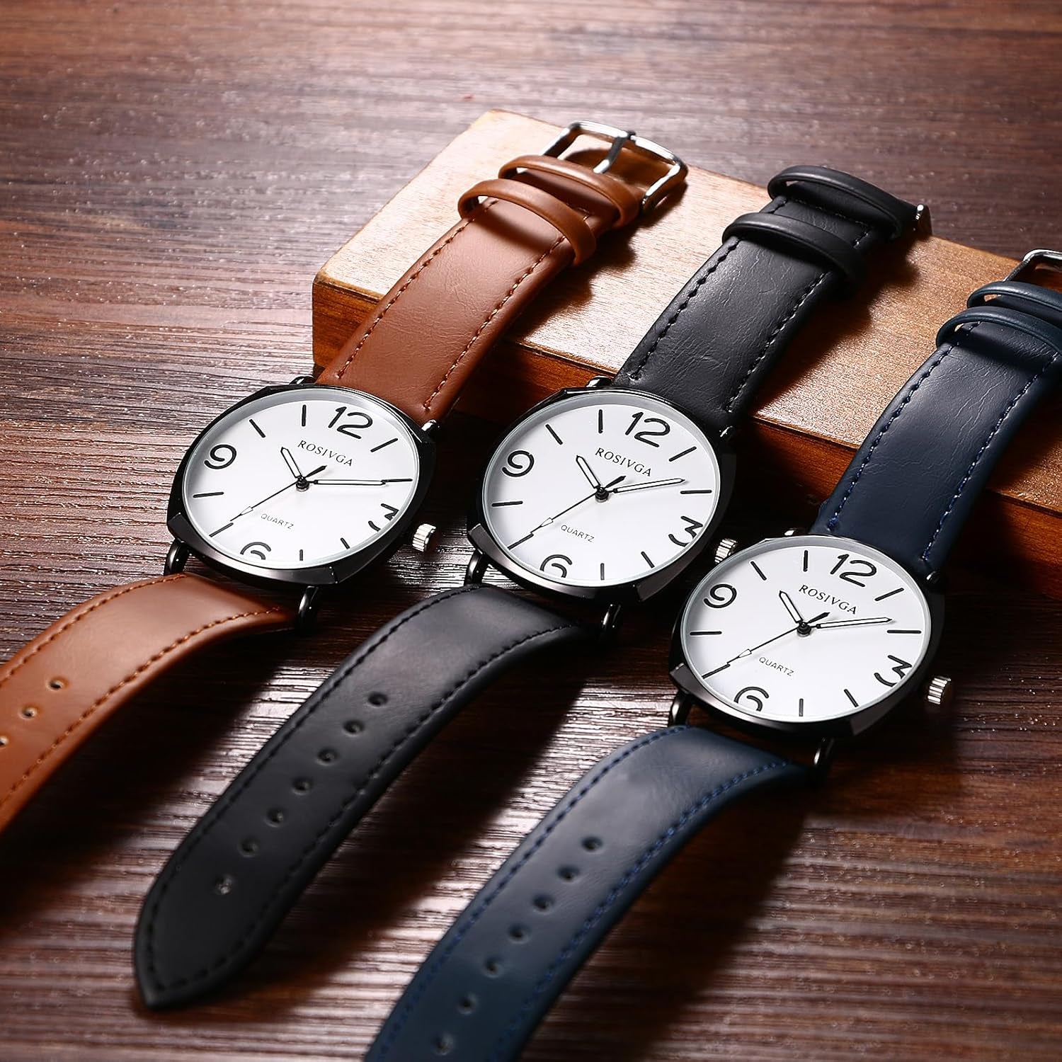 Men'S Leather Strap Watches: Easy Reader Big Face Analog Quartz Large Dial Wrist Watches