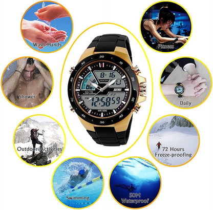 Men'S Digital Watch 50M Waterproof Large Dual Dial Multifunction Analog Military Outdoor Sports Electronic Watch Calendar Day Date CH031