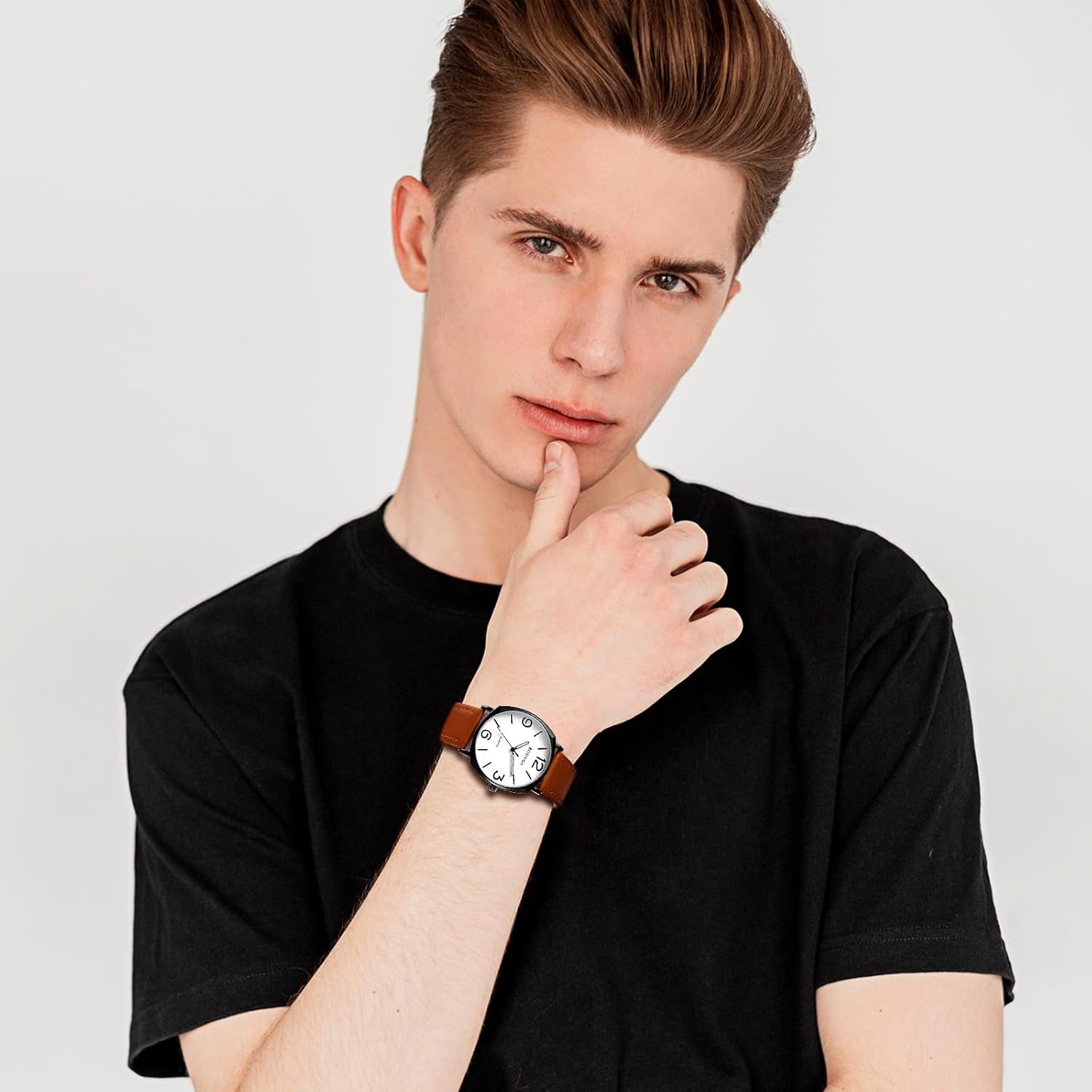 Men'S Leather Strap Watches: Easy Reader Big Face Analog Quartz Large Dial Wrist Watches