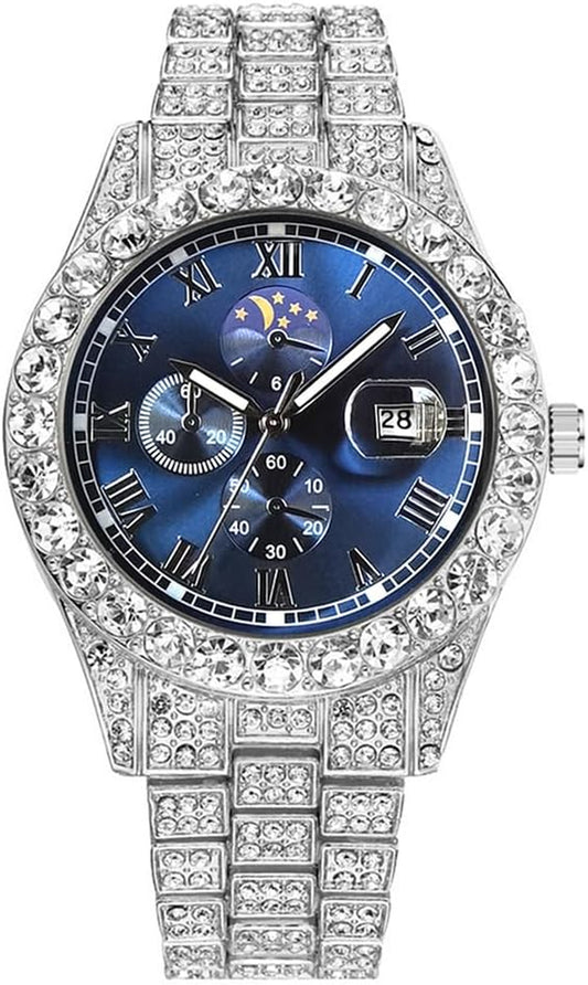 Iced-Out Watches for Men Super Luminous Diamond Watch (Blue Face/Blue-Green Luminous)