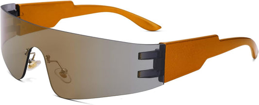 Rimless Futuristic Wrap around Sunglasses for Women Men One Piece Visor Glasses Y2K Cyber Punk Shades