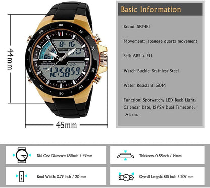 Men'S Digital Watch 50M Waterproof Large Dual Dial Multifunction Analog Military Outdoor Sports Electronic Watch Calendar Day Date CH031