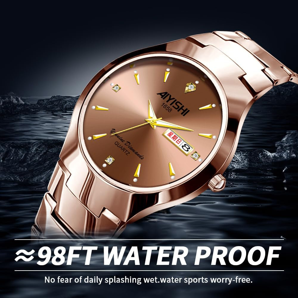 Watches for Men with Date Luxury Diamond Waterproof Mens Wristwatch Analog Dress Stainless Steel Man Watch Luminous Rose Gold