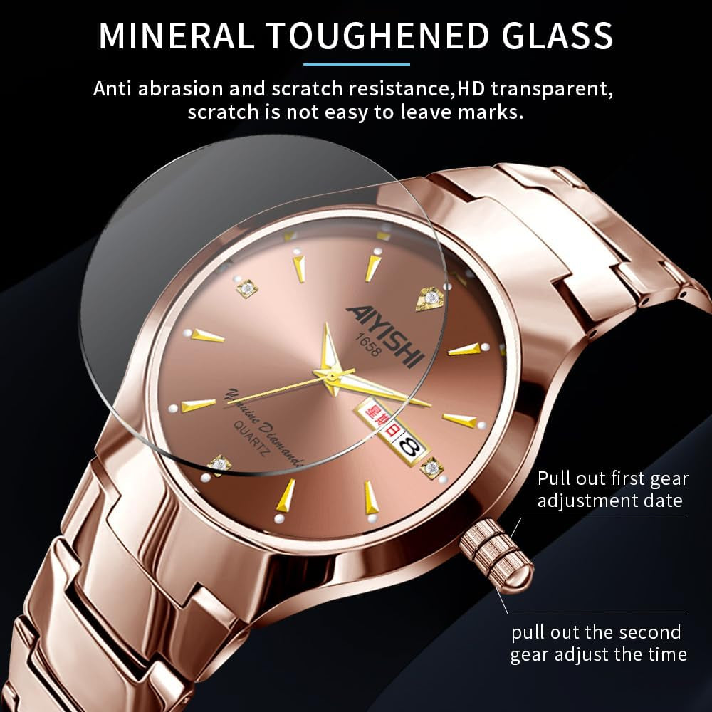 Watches for Men with Date Luxury Diamond Waterproof Mens Wristwatch Analog Dress Stainless Steel Man Watch Luminous Rose Gold