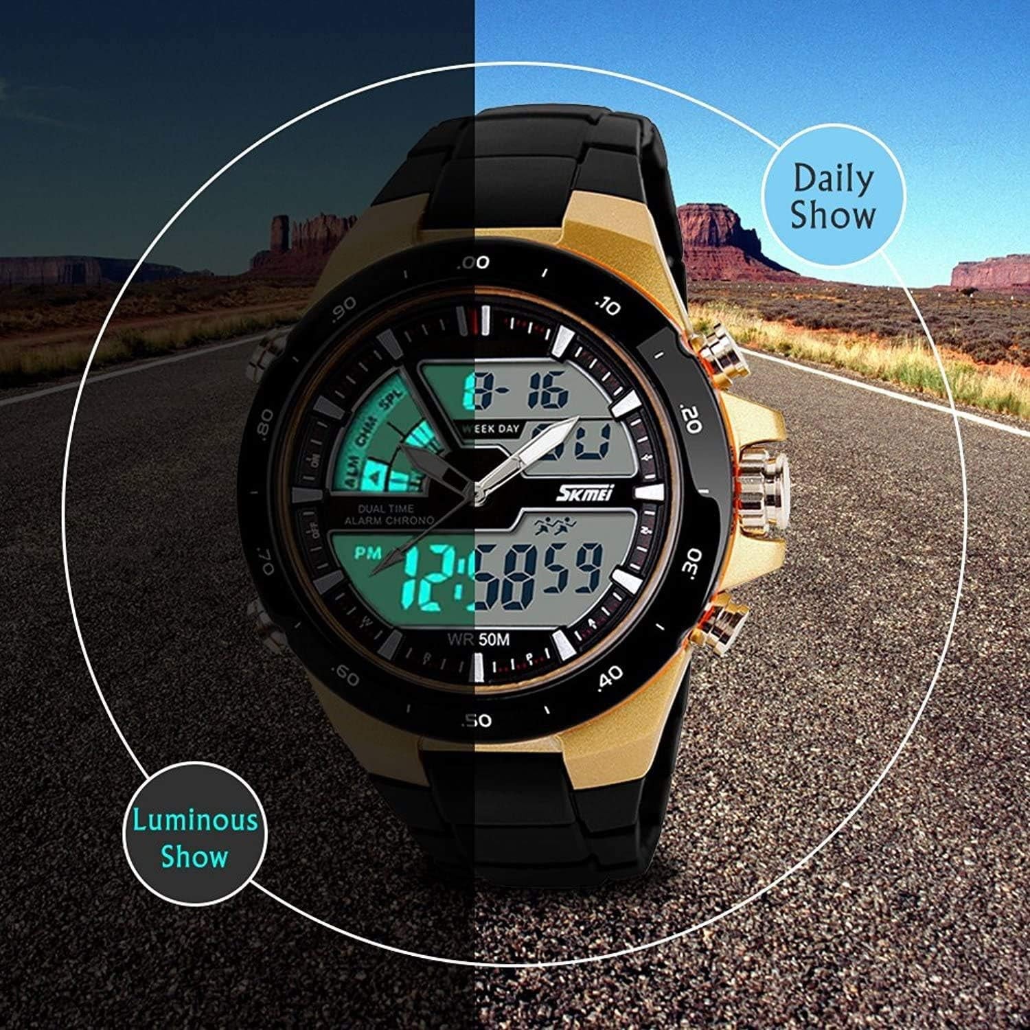 Men'S Digital Watch 50M Waterproof Large Dual Dial Multifunction Analog Military Outdoor Sports Electronic Watch Calendar Day Date CH031