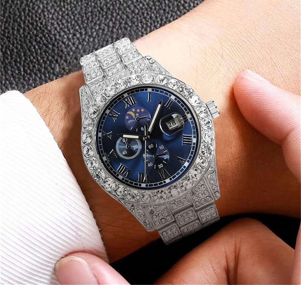 Iced-Out Watches for Men Super Luminous Diamond Watch (Blue Face/Blue-Green Luminous)