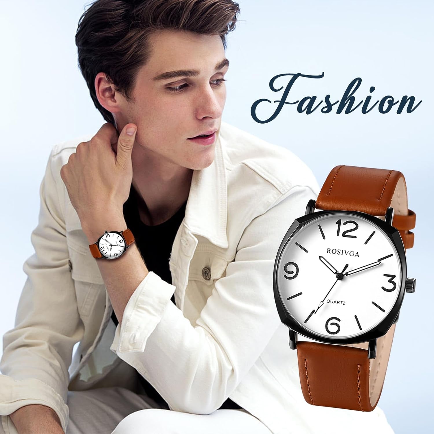 Men'S Leather Strap Watches: Easy Reader Big Face Analog Quartz Large Dial Wrist Watches