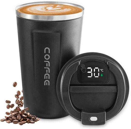 Stainless Steel Vacuum Insulated Travel Coffee Mug, Led Temperature Display Insulated Tumbler, Leak Proof with Lid Keeps Cold and Warm, Suitable for Coffee, Tea and Beer (Black)
