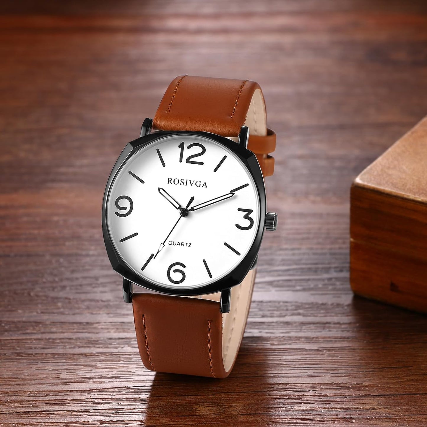 Men'S Leather Strap Watches: Easy Reader Big Face Analog Quartz Large Dial Wrist Watches
