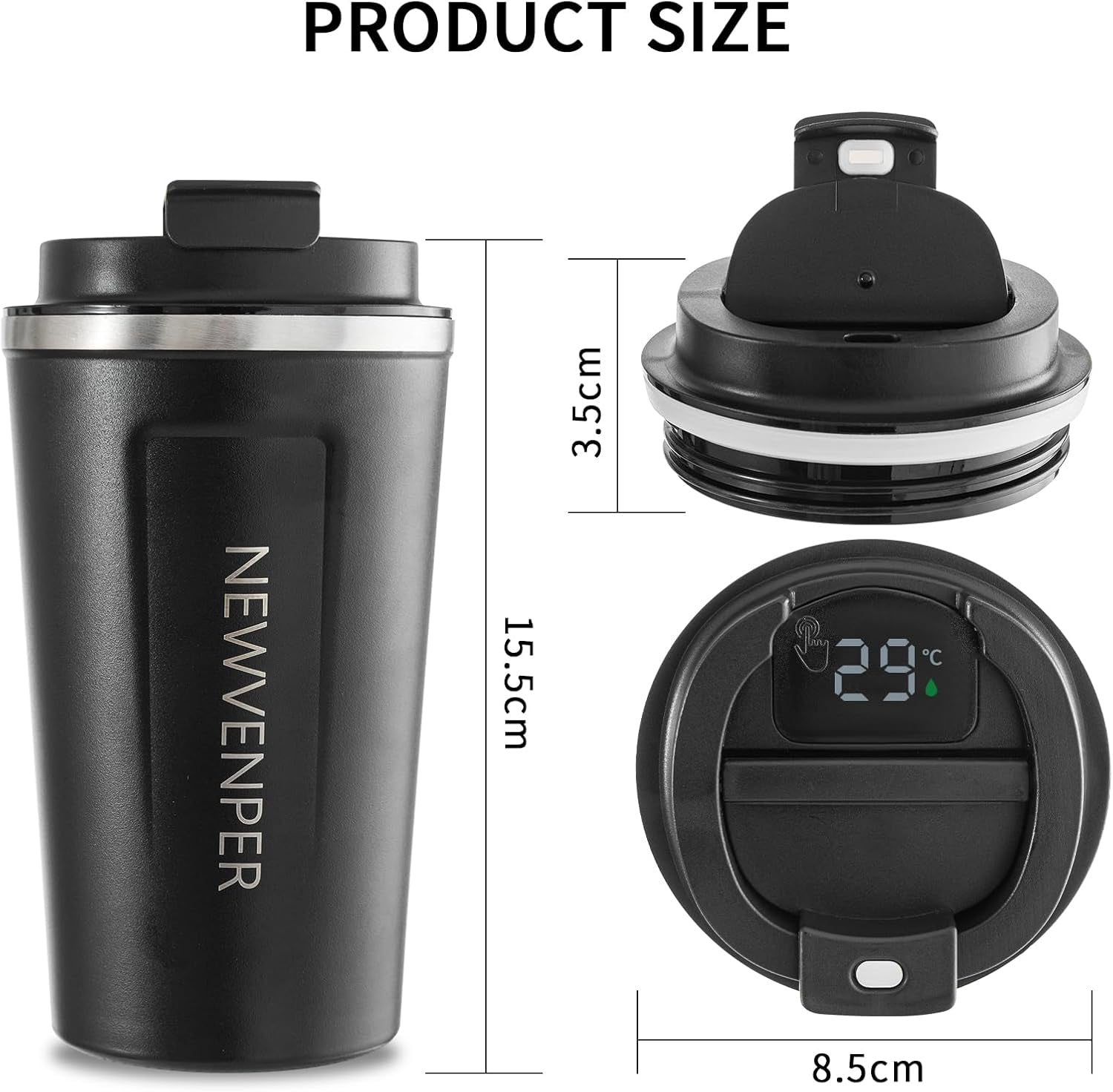 Stainless Steel Vacuum Insulated Travel Coffee Mug, Led Temperature Display Insulated Tumbler, Leak Proof with Lid Keeps Cold and Warm, Suitable for Coffee, Tea and Beer (Black)