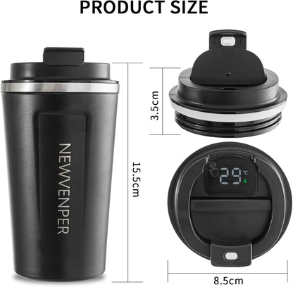 Stainless Steel Vacuum Insulated Travel Coffee Mug, Led Temperature Display Insulated Tumbler, Leak Proof with Lid Keeps Cold and Warm, Suitable for Coffee, Tea and Beer (Black)