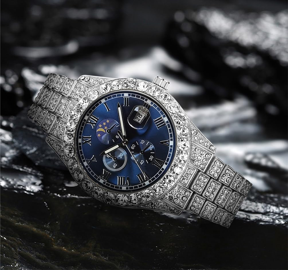 Iced-Out Watches for Men Super Luminous Diamond Watch (Blue Face/Blue-Green Luminous)