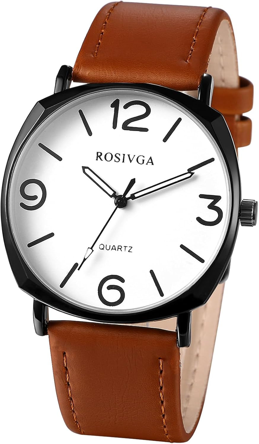 Men'S Leather Strap Watches: Easy Reader Big Face Analog Quartz Large Dial Wrist Watches